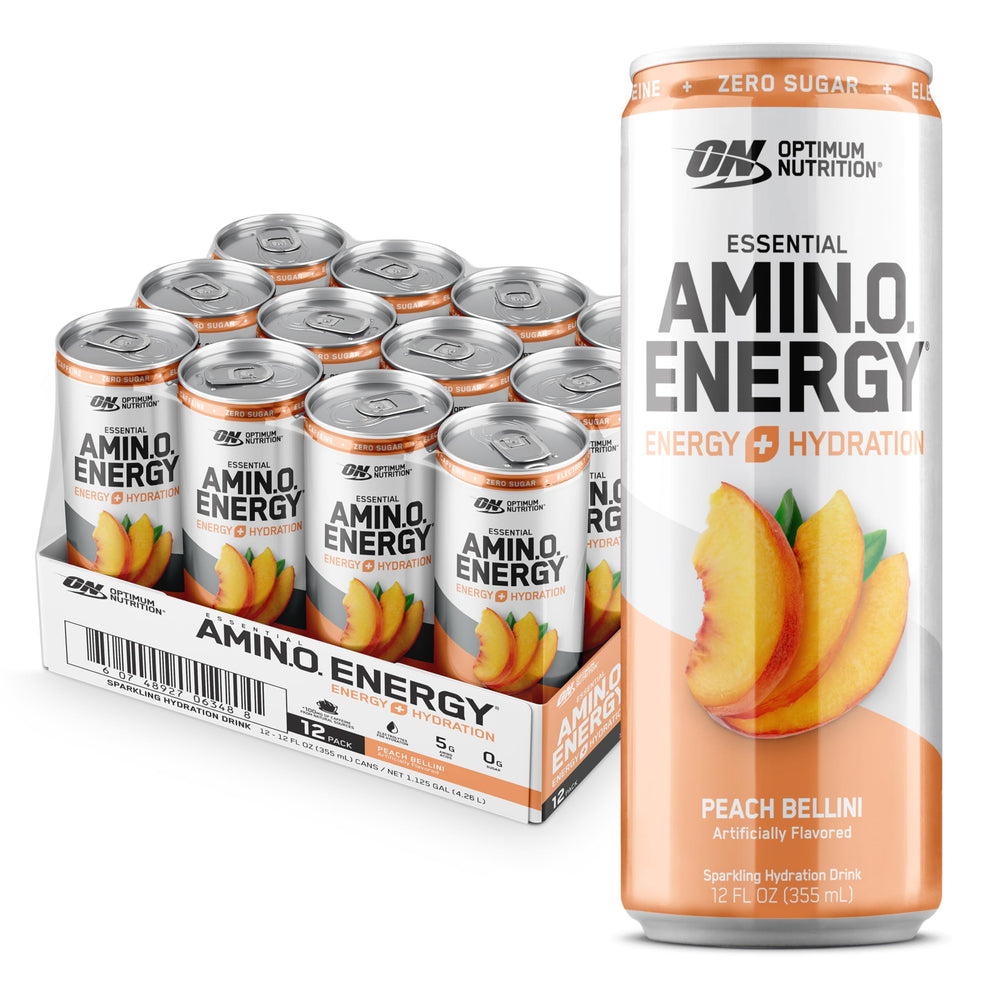 Optimum Nutrition Amin.O. Energy Peach Bellini can front view for refreshing energy and hydration.