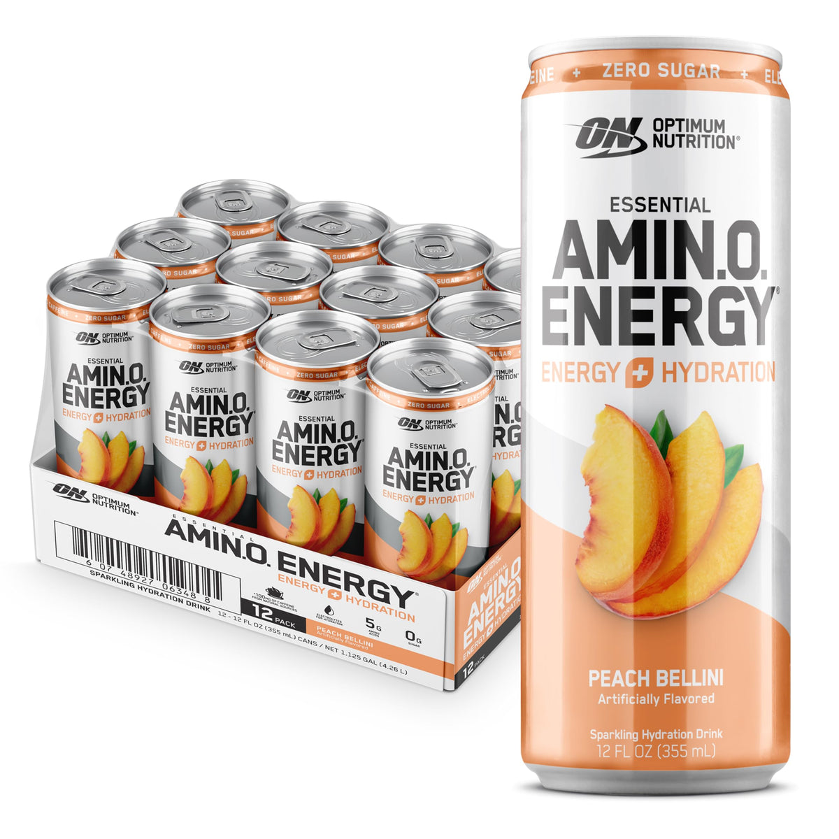 Optimum Nutrition Amin.O. Energy Peach Bellini can front view for refreshing energy and hydration.