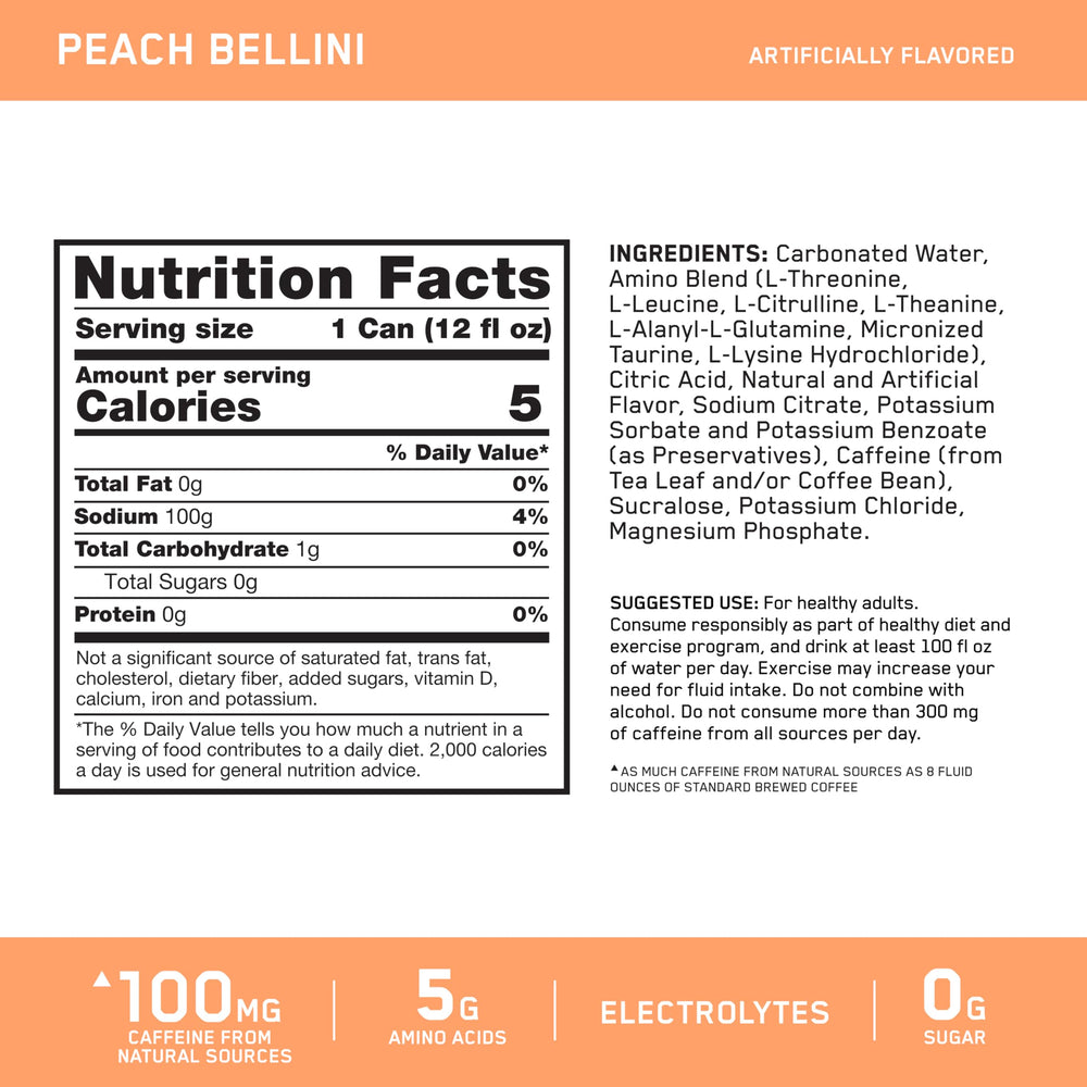 Optimum Nutrition Amin.O. Energy Peach Bellini can side view emphasizes hydration benefits.