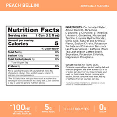 Optimum Nutrition Amin.O. Energy Peach Bellini can side view emphasizes hydration benefits.