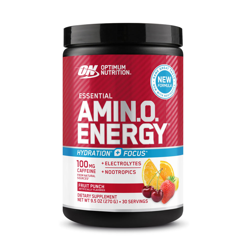 Optimum Nutrition Amino Energy Fruit Punch powder tub front for energy and focus