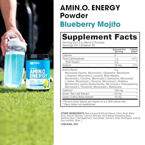 Optimum Nutrition Amino Energy scoop on table ready to mix