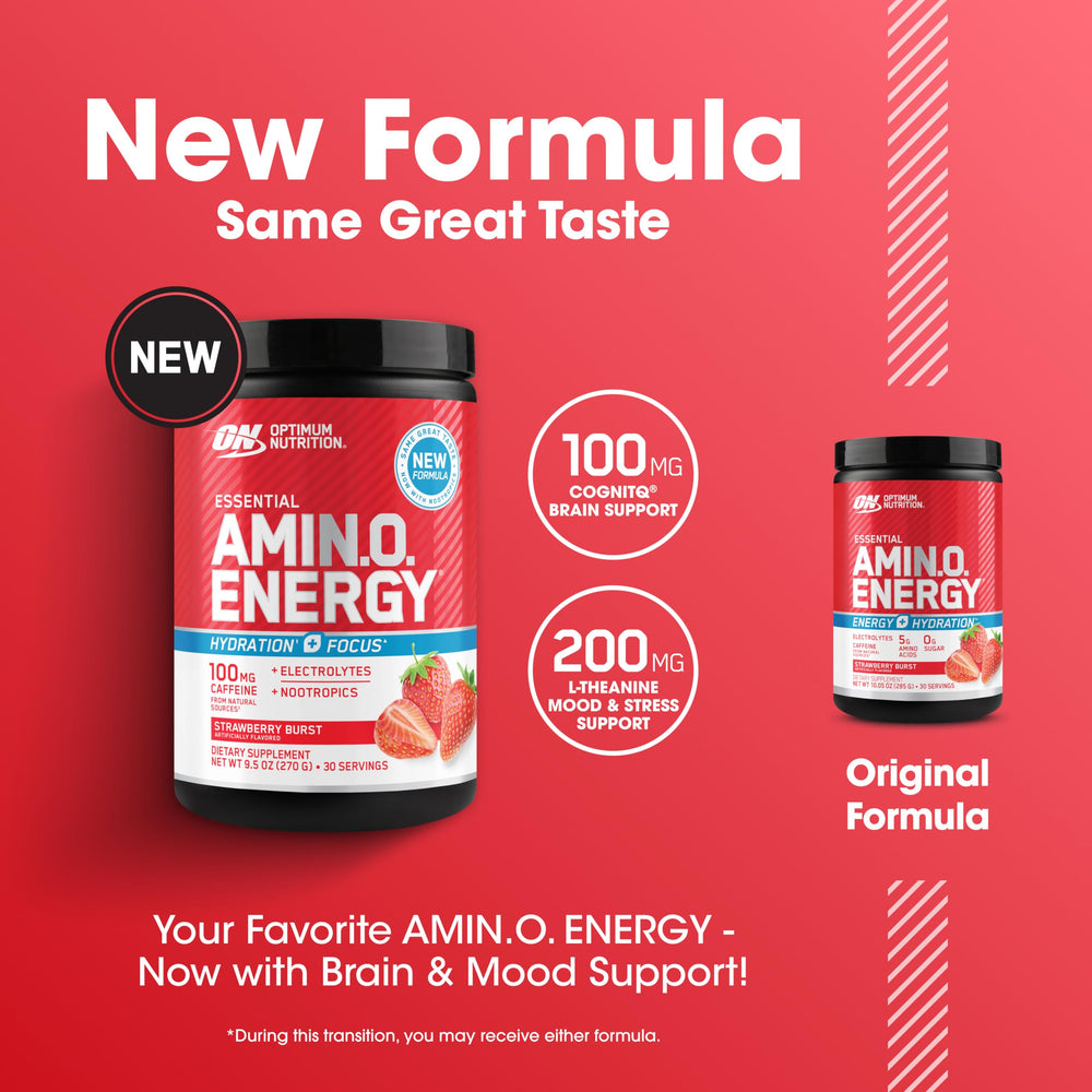 Optimum Nutrition Amino Energy strawberry flavor in a glass suggests refreshing taste