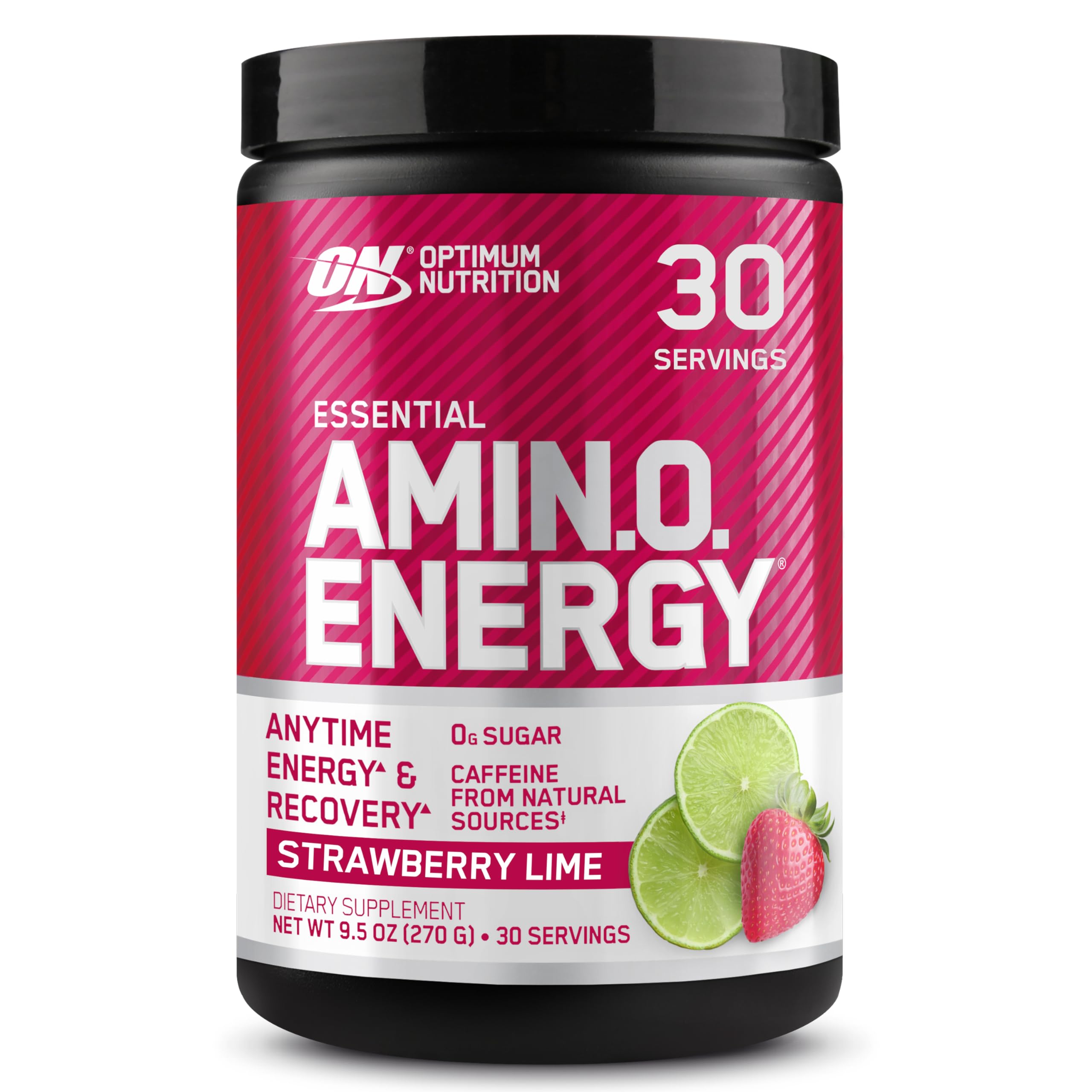 Optimum Nutrition Amino Energy strawberry lime tub offers refreshing energy for pre-workout use.