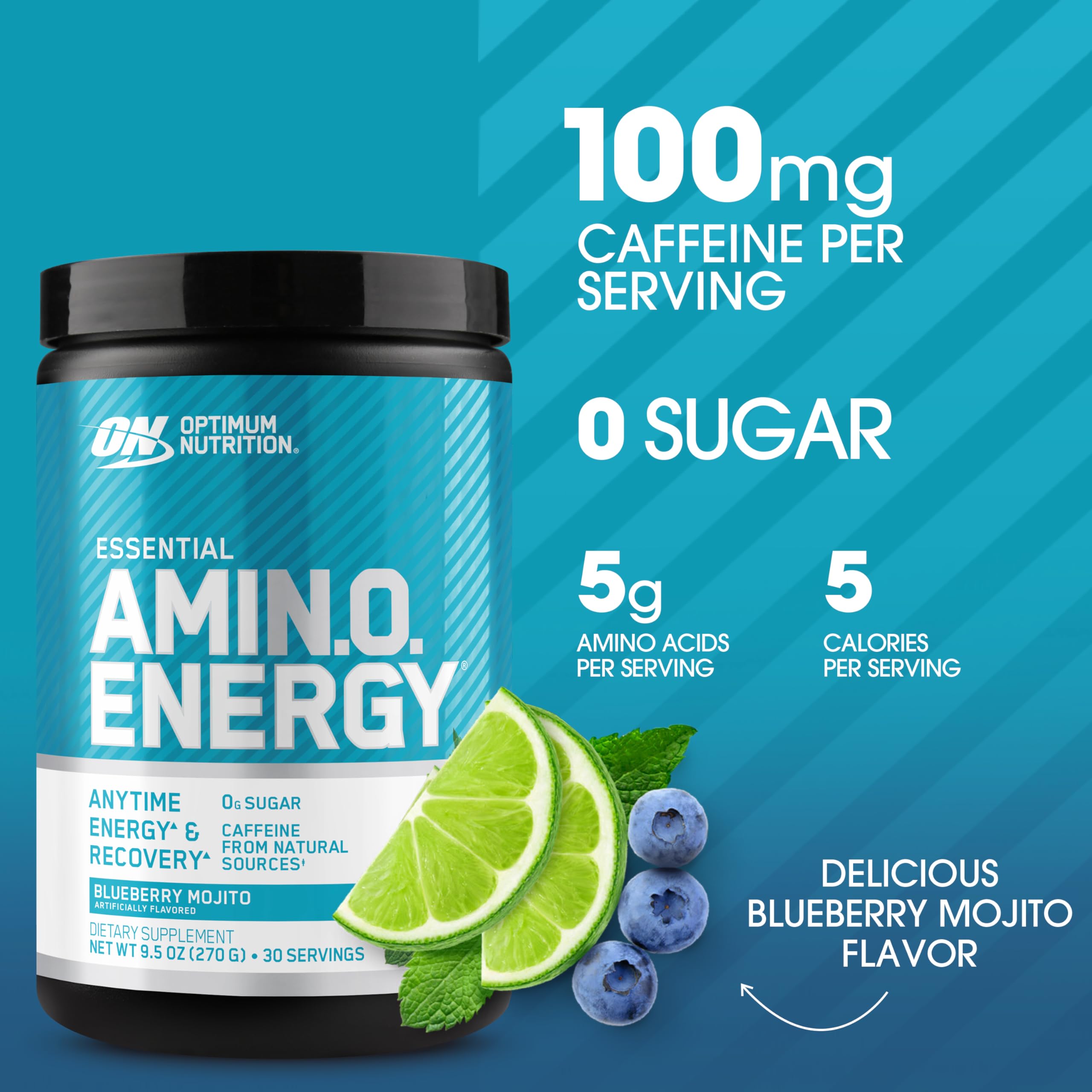 Optimum Nutrition Amino Energy tub and label for quick ingredient overview