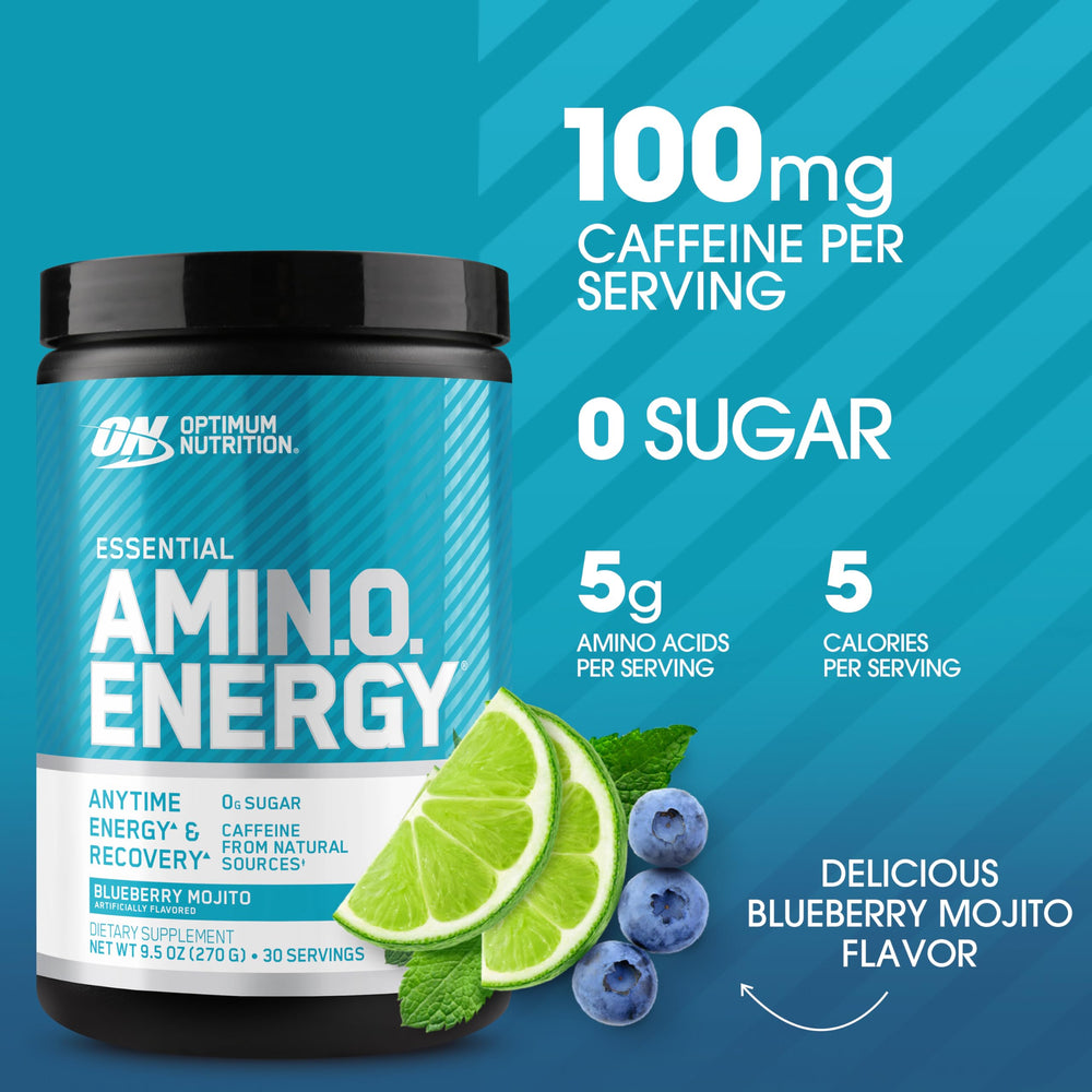 Optimum Nutrition Amino Energy tub and label for quick ingredient overview