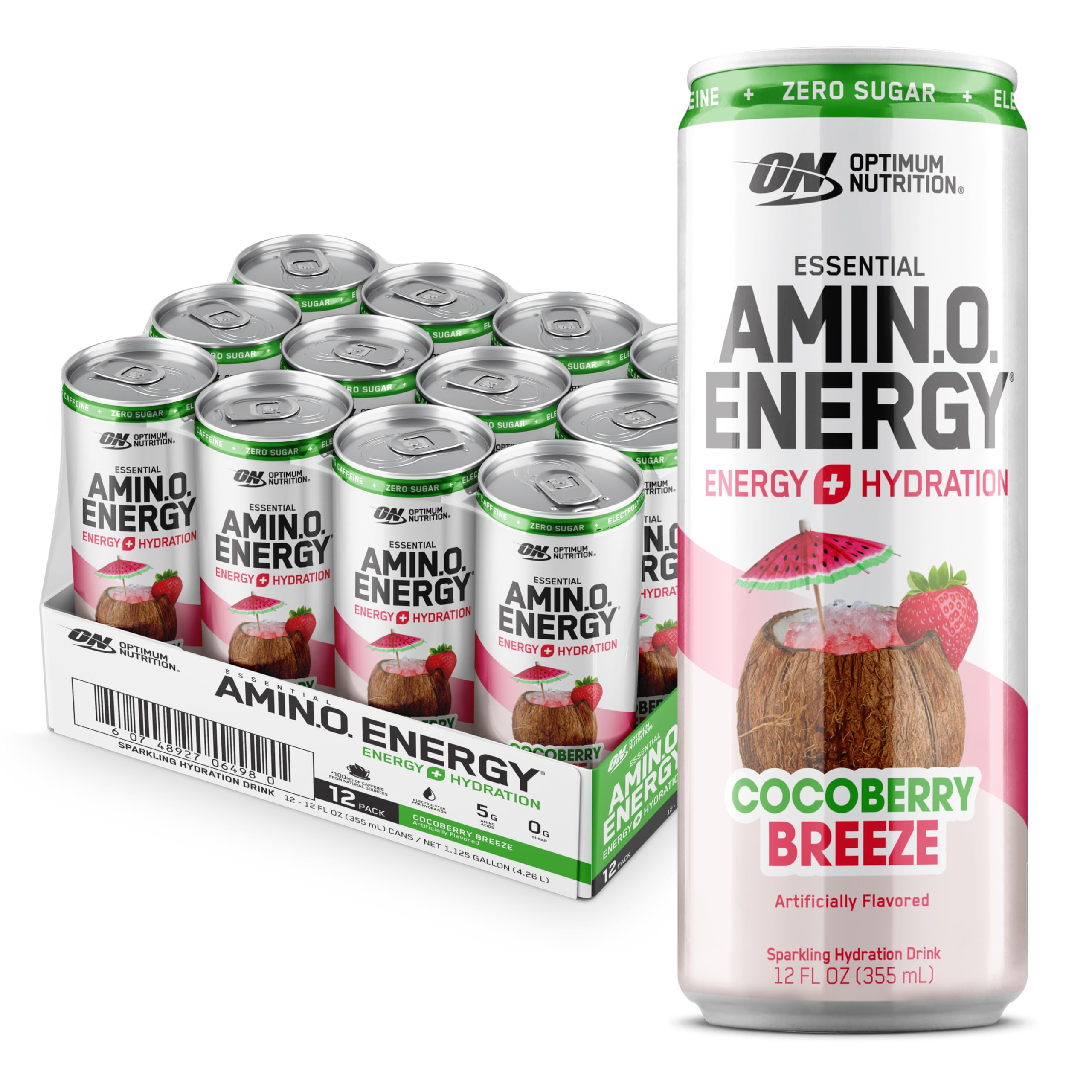 Optimum Nutrition Amin.O Energy bottle front view for on the go hydration and focus