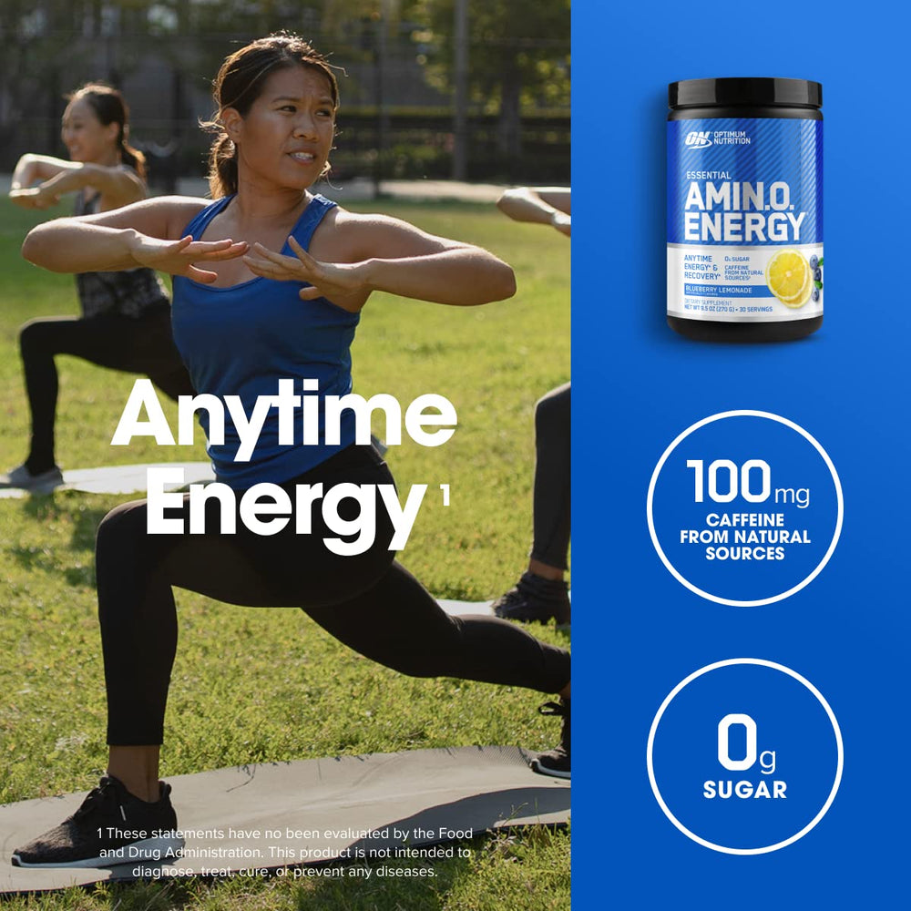 Optimum Nutrition Amino Energy green tea caffeine blend supports daytime alertness.