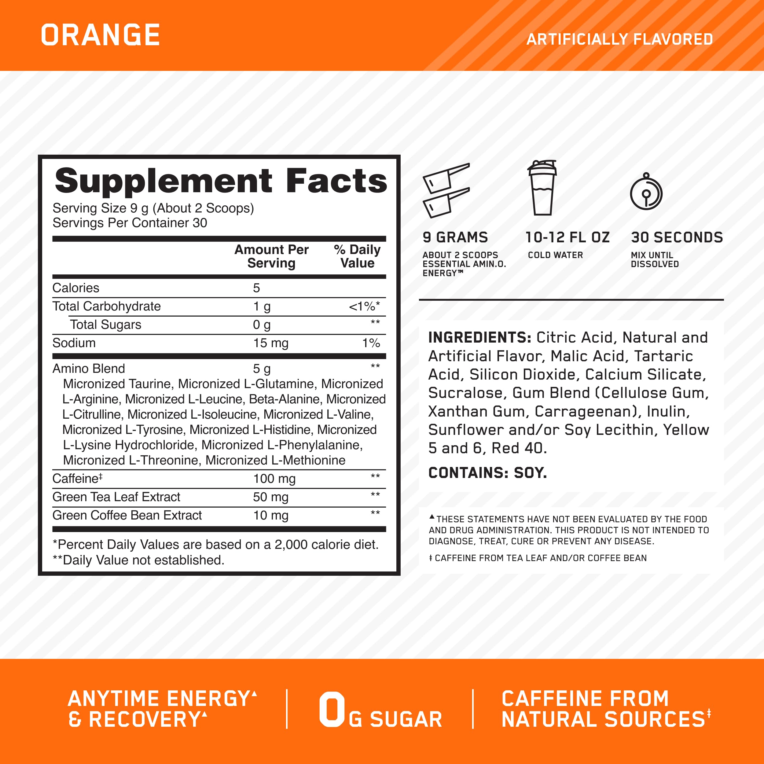 Optimum Nutrition Amino Energy orange tub ingredients panel details