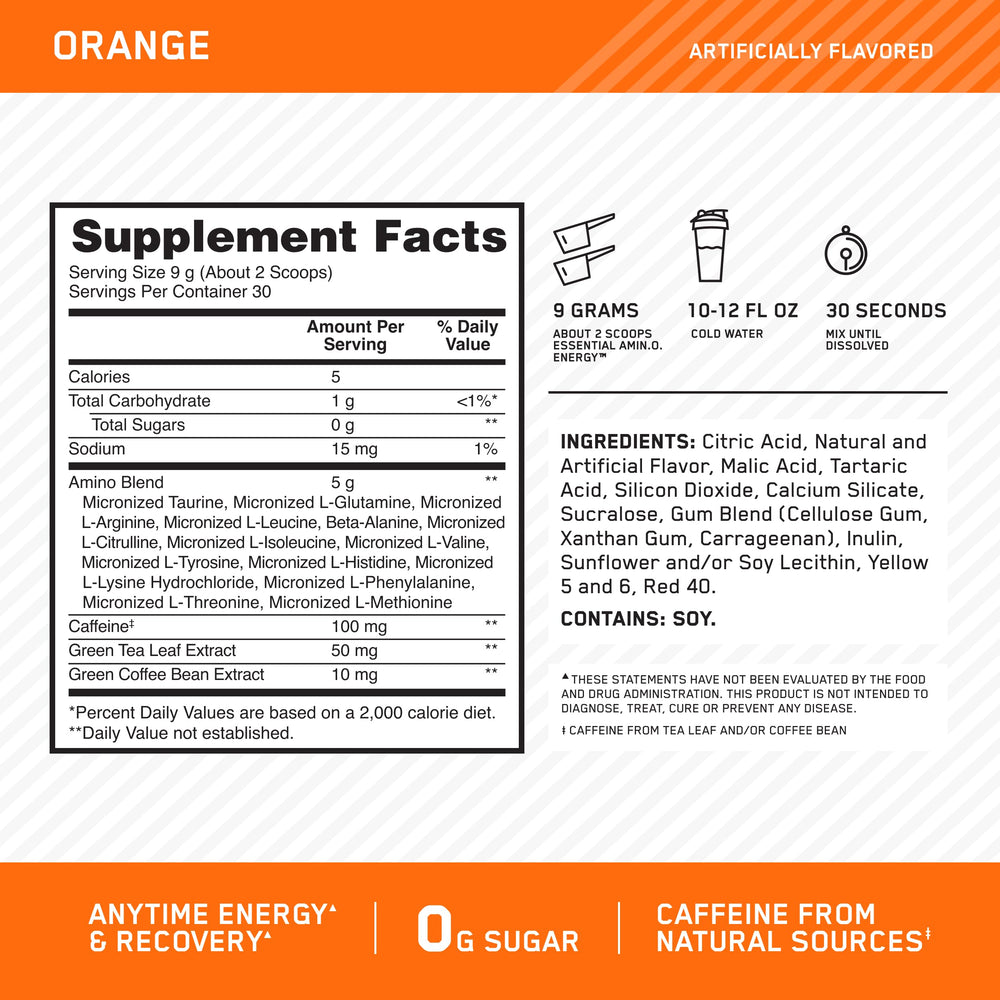 Optimum Nutrition Amino Energy orange tub ingredients panel details