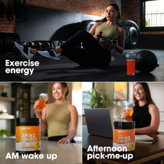 Optimum Nutrition Amino Energy orange tub nutrition panel emphasizes amino blend