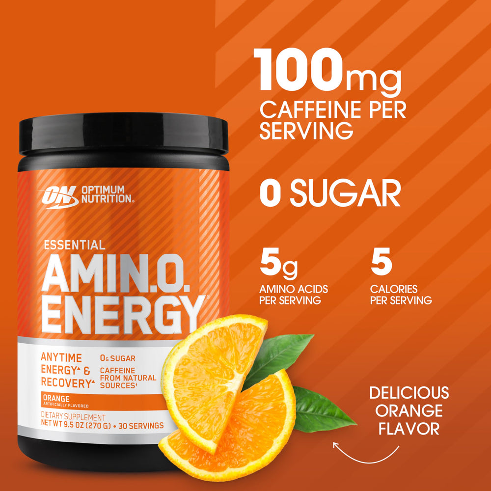 Optimum Nutrition Amino Energy orange tub side view shows convenient on-the-go use