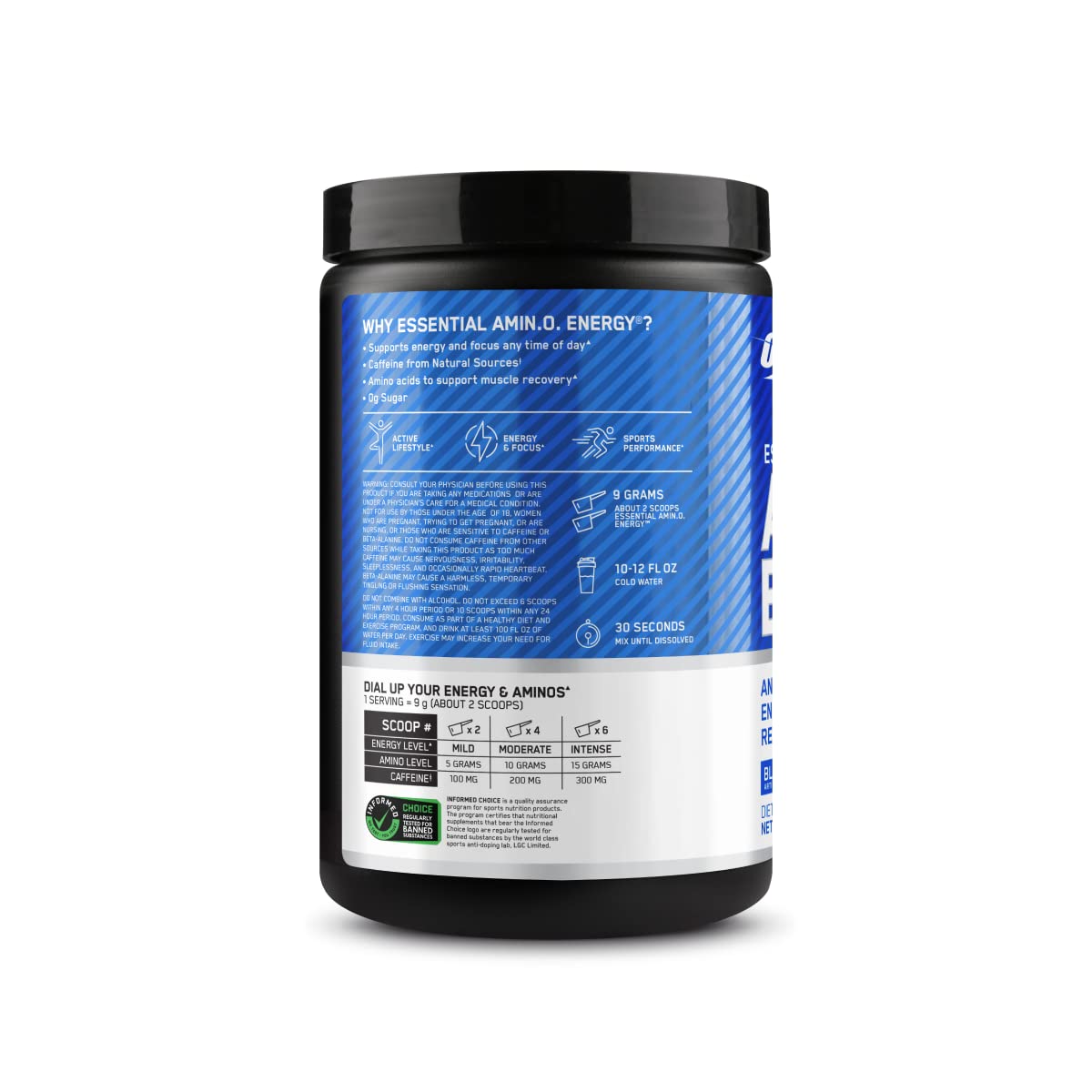 Optimum Nutrition Amino Energy packaging highlights flavor versatility and serving options.