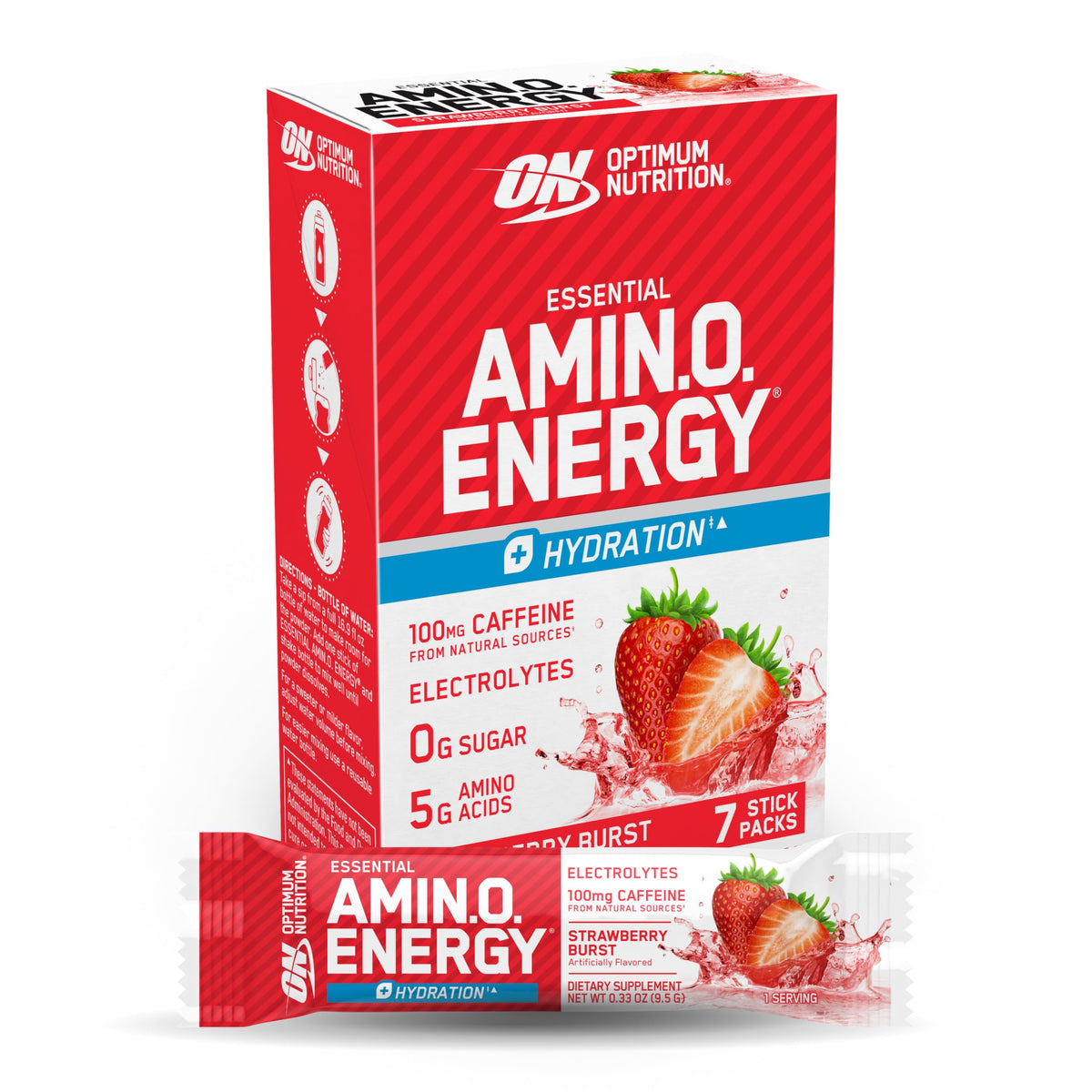 Optimum Nutrition AMIN.O ENERGY Strawberry Burst stick-pack front view for on-the-go energy