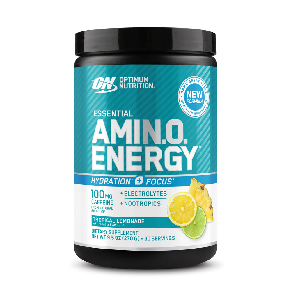 Optimum Nutrition Amin.O.Energy Tropical Lemonade tub for hydration during workouts.