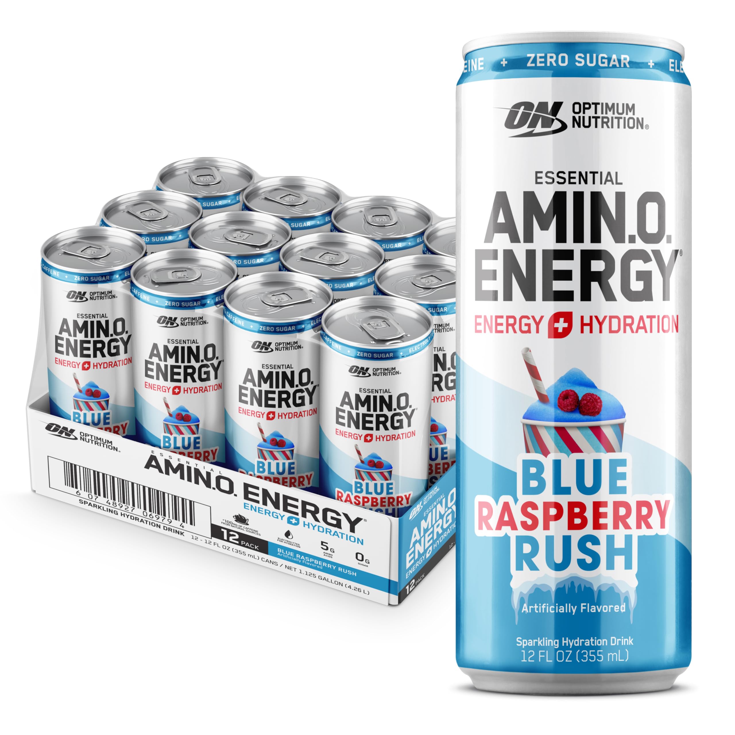 Optimum Nutrition Amino Energy Blue Raspberry bottle being poured for icy energy boost.