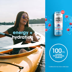Optimum Nutrition Amino Energy Blue Raspberry can poured into a chilled cup for hydration.
