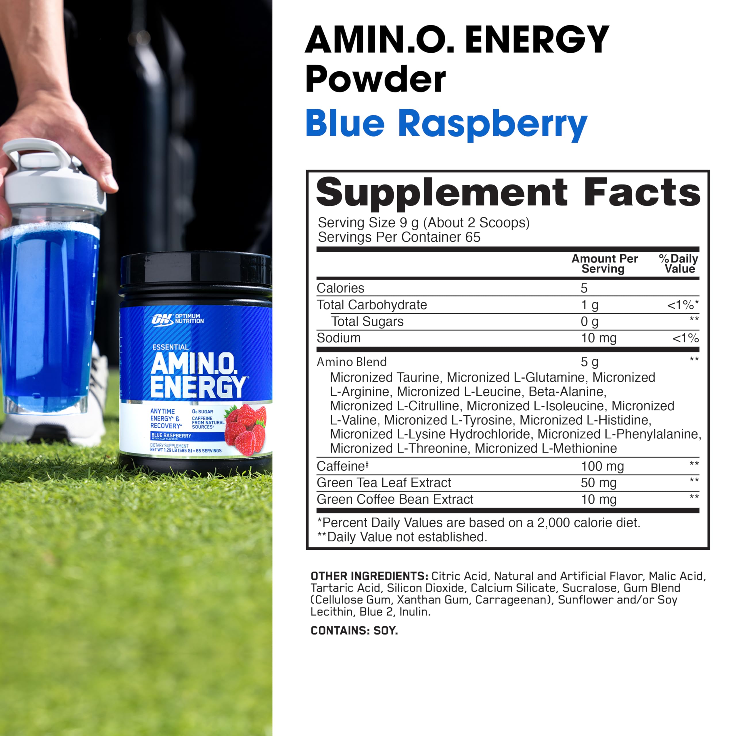Optimum Nutrition Amino Energy blue raspberry jar shown with label for amino acid blend.