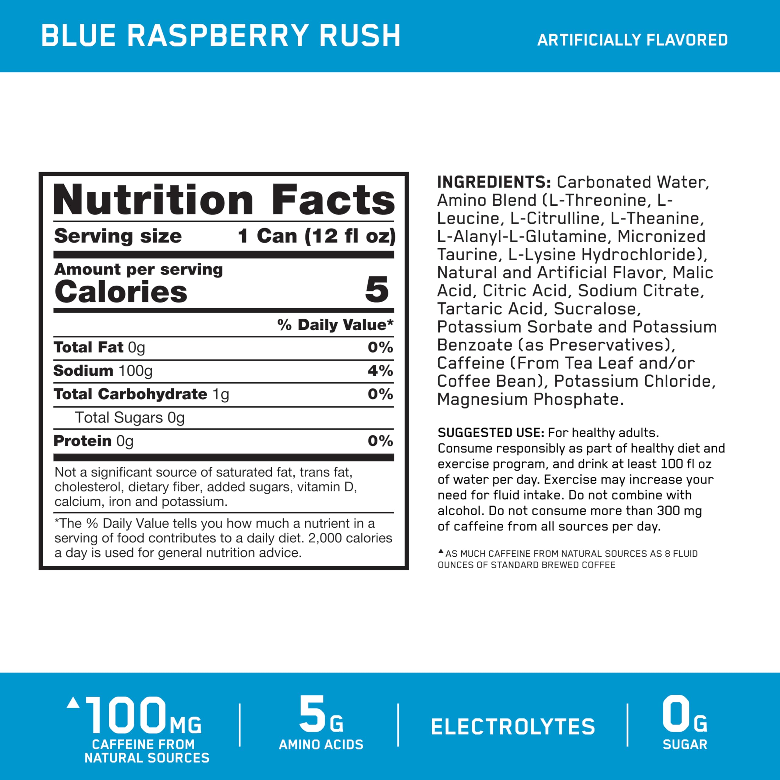 Optimum Nutrition Amino Energy Blue Raspberry label close-up showing nutrition highlights.