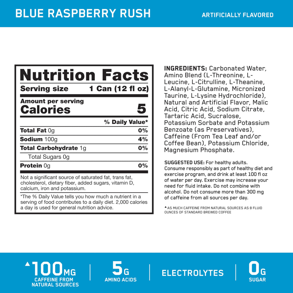 Optimum Nutrition Amino Energy Blue Raspberry label close-up showing nutrition highlights.