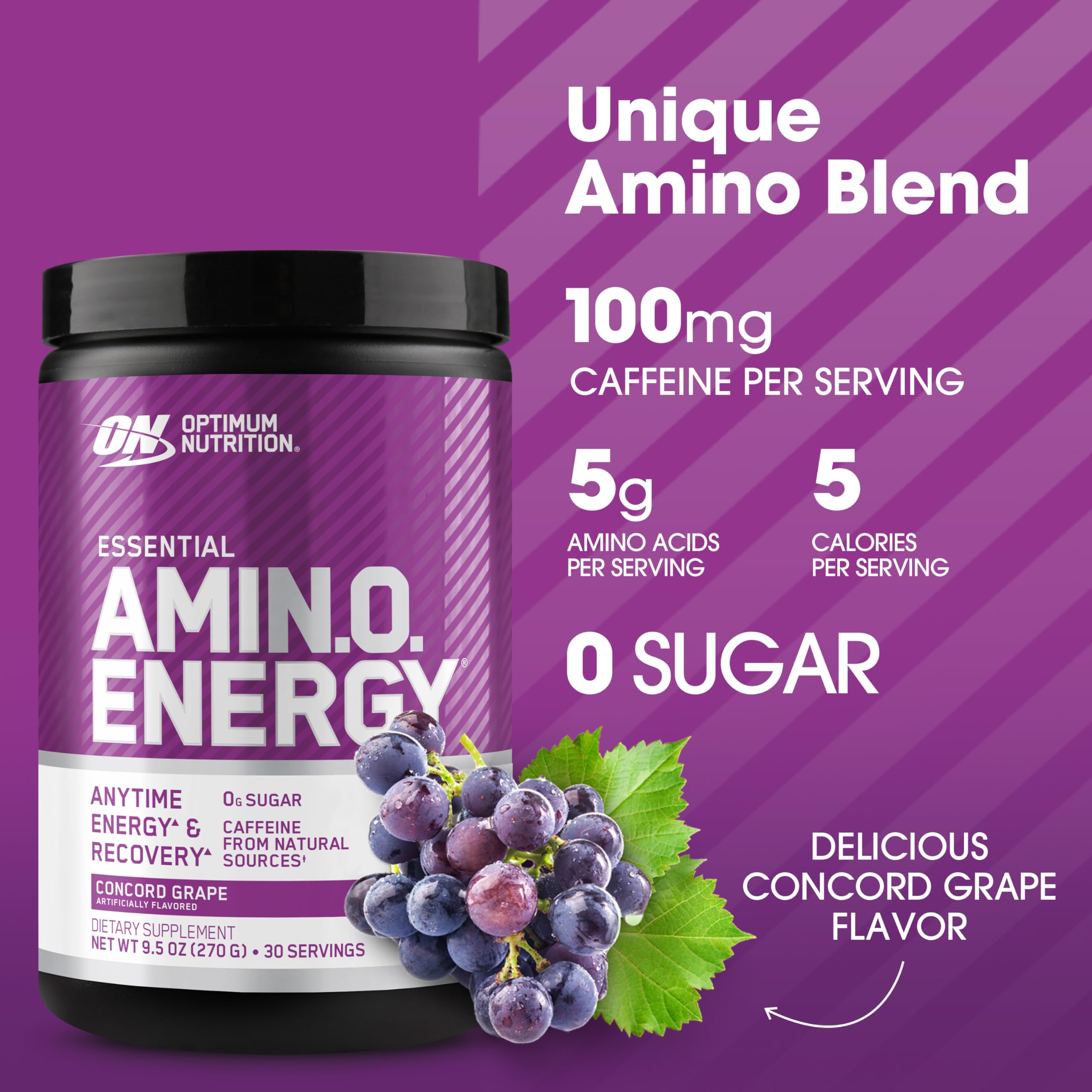 Optimum Nutrition Amino Energy Concord Grape tub ready for serving.