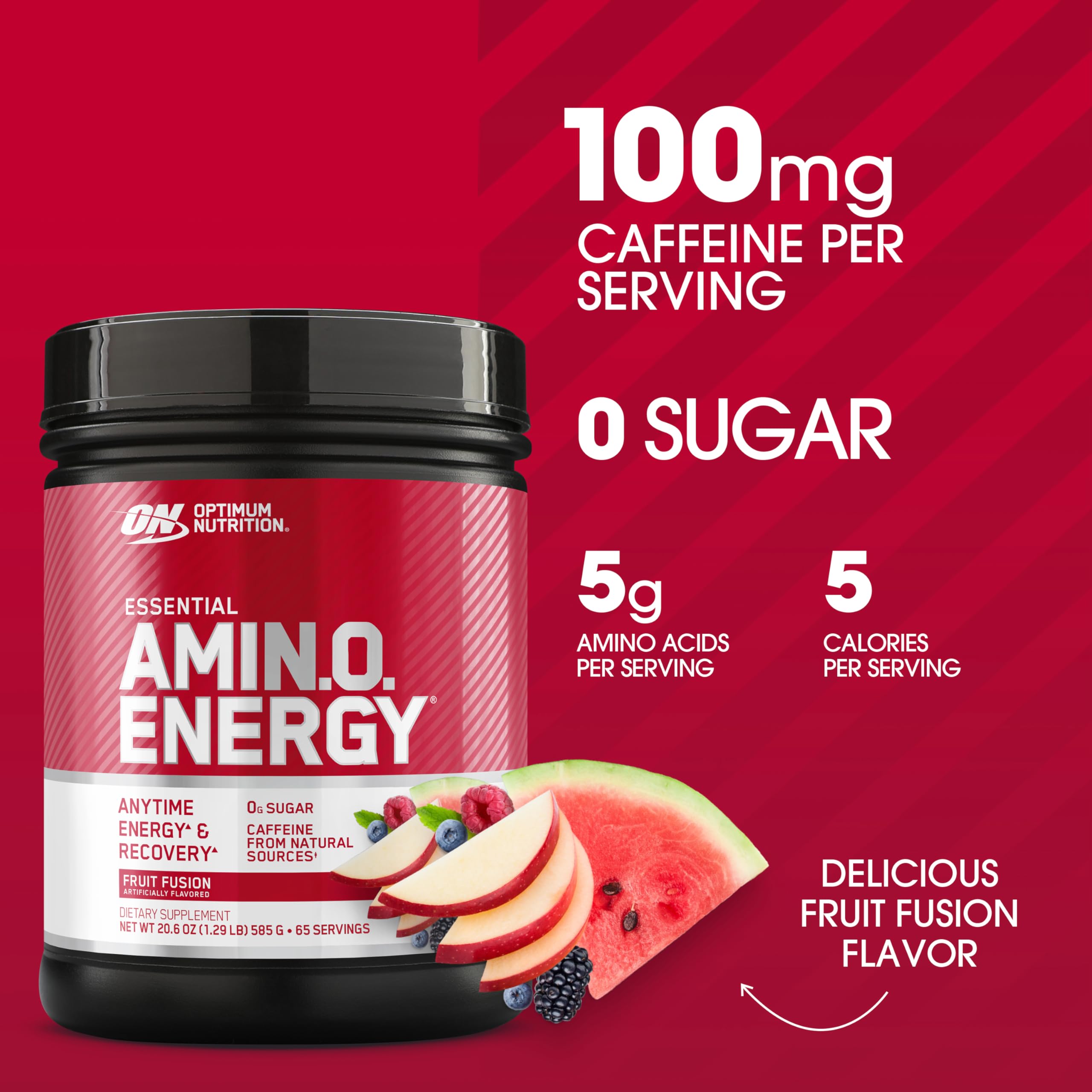 Optimum Nutrition Amino Energy Fruit Fusion label highlights ingredients and flavor.