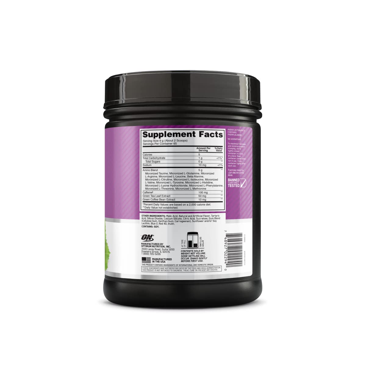 Optimum Nutrition Amino Energy glass of water beside bottle signaling quick mix and hydration.