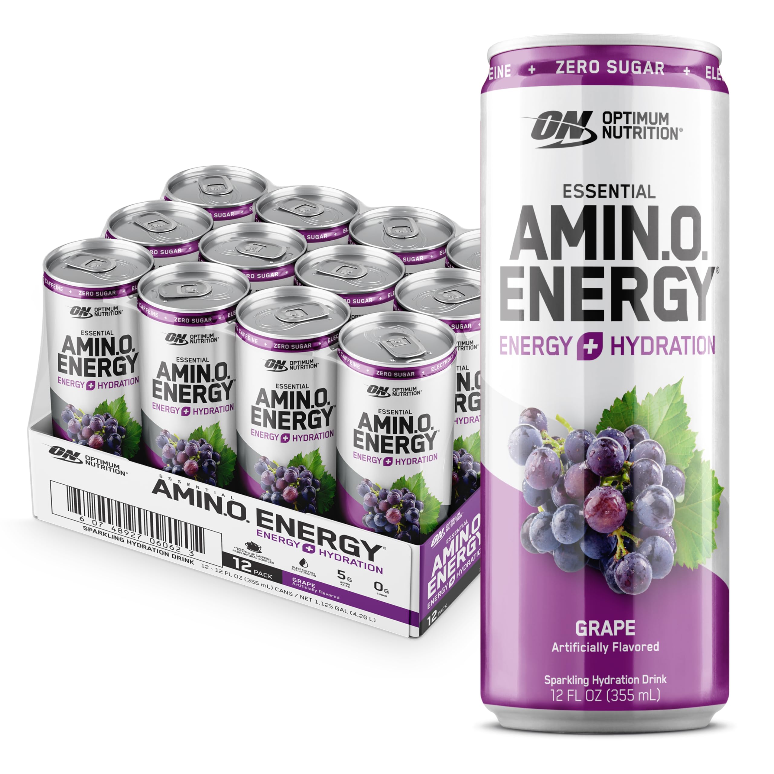 Optimum Nutrition Amino Energy grape 12oz can for a refreshing zero sugar energy boost.