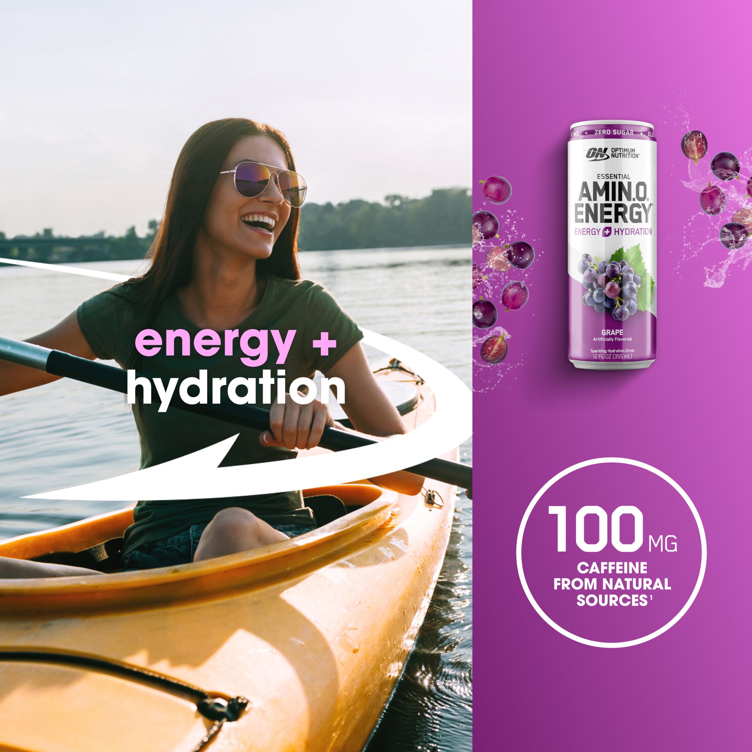 Optimum Nutrition Amino Energy grape fizz in a glass for crisp sparkling hydration.