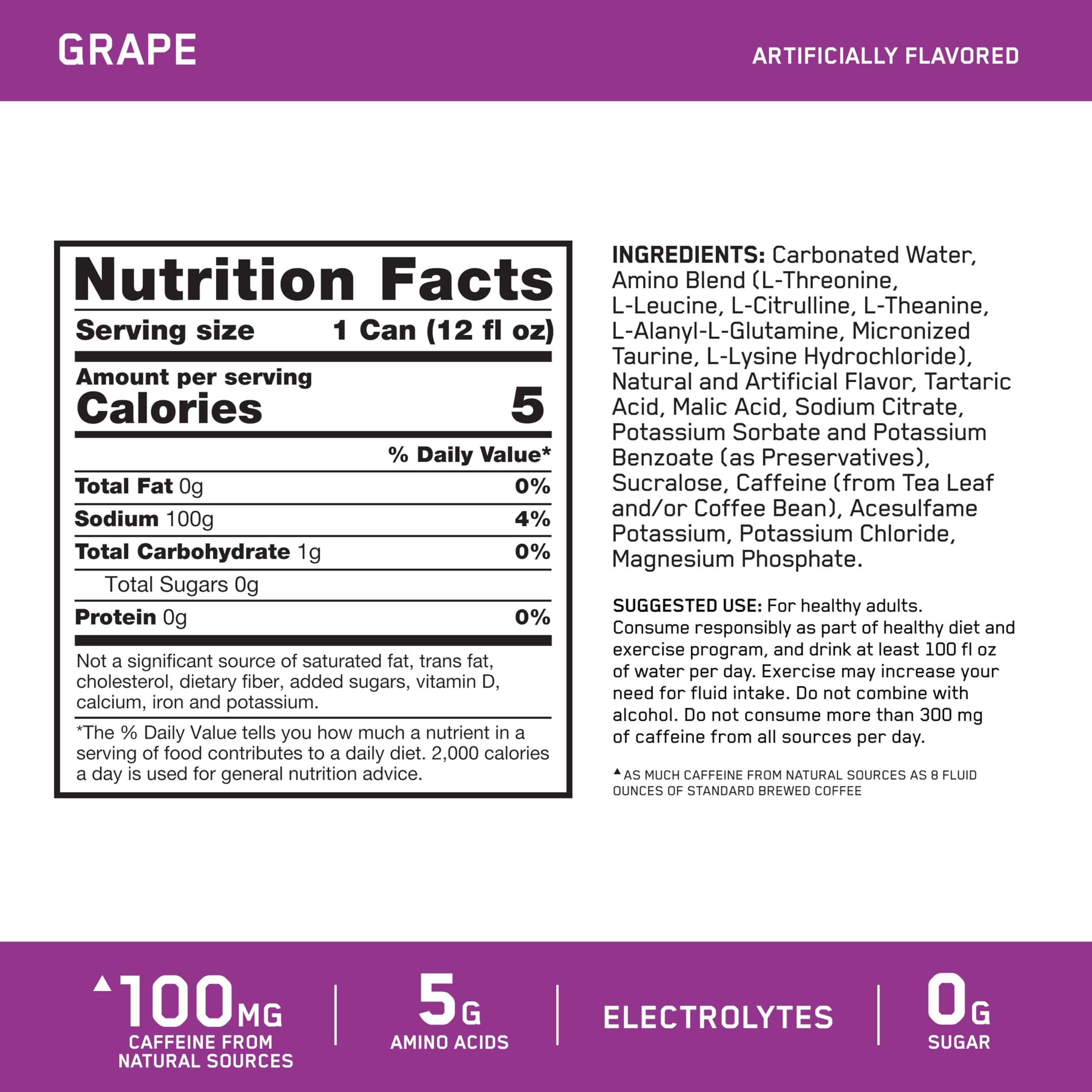 Optimum Nutrition Amino Energy grape label closeup highlighting zero sugar and low calories.