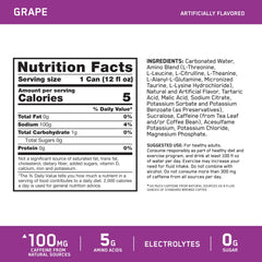 Optimum Nutrition Amino Energy grape label closeup highlighting zero sugar and low calories.