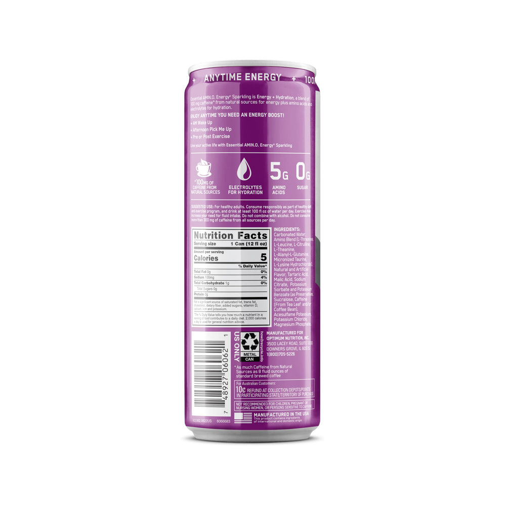 Optimum Nutrition Amino Energy grape ready-to-drink with light carbonation and flavor.