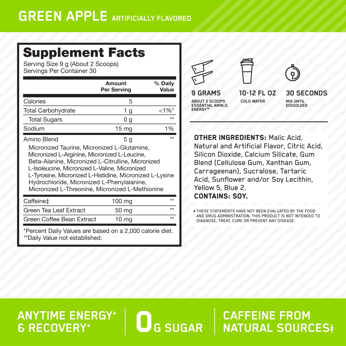 Optimum Nutrition Amino Energy green apple flavor shake highlighting refreshing taste