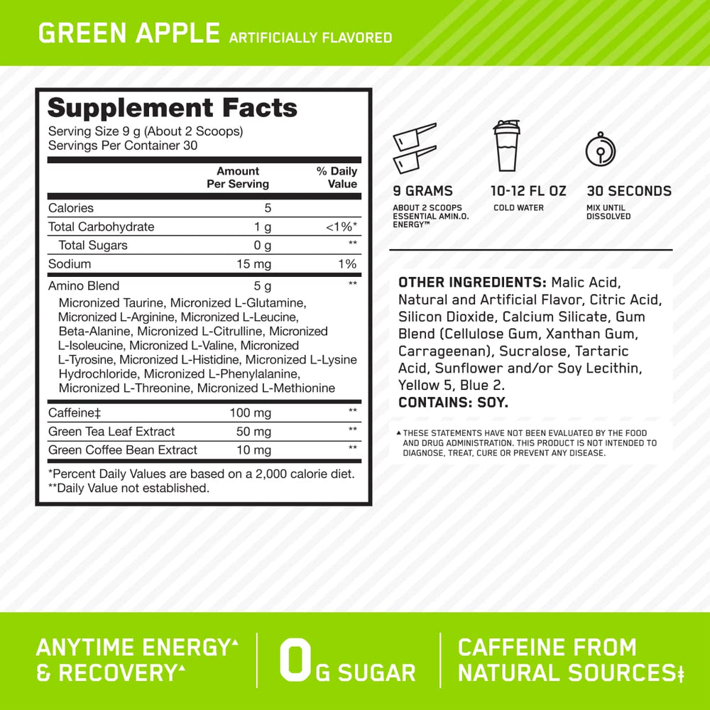 Optimum Nutrition Amino Energy green apple flavor shake highlighting refreshing taste
