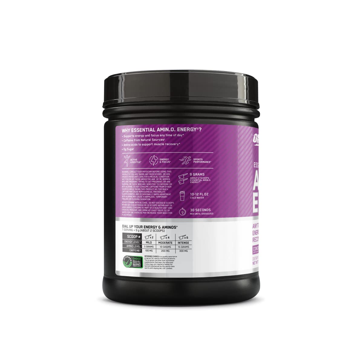 Optimum Nutrition Amino Energy Concord Grape flavor tub with serving spoon.