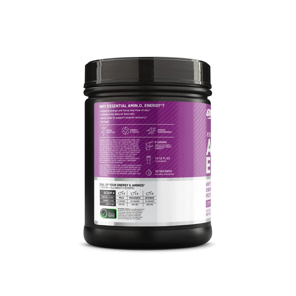 Optimum Nutrition Amino Energy Concord Grape flavor tub with serving spoon.