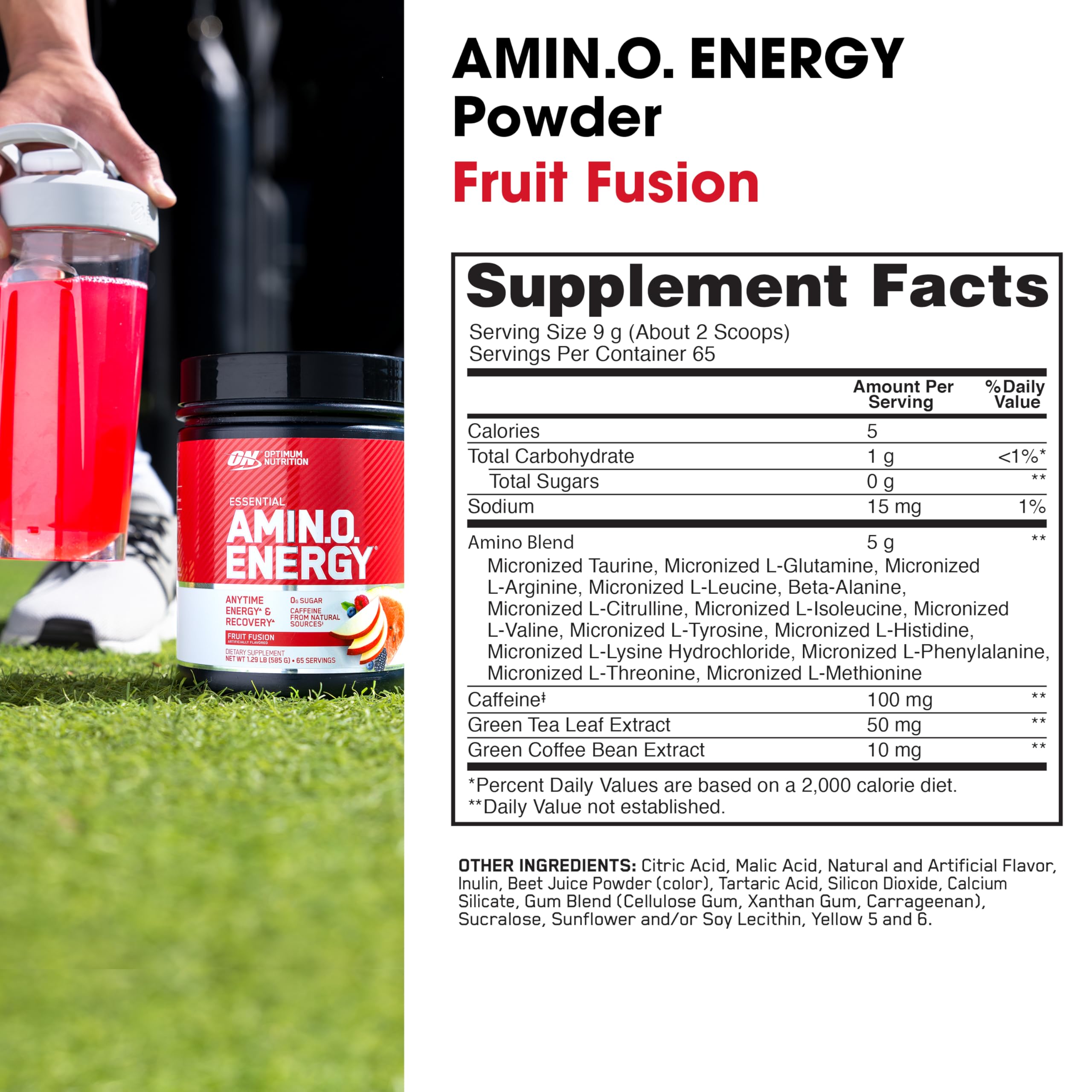 Optimum Nutrition Amino Energy Green Tea caffeine can highlights energy boost for workouts.