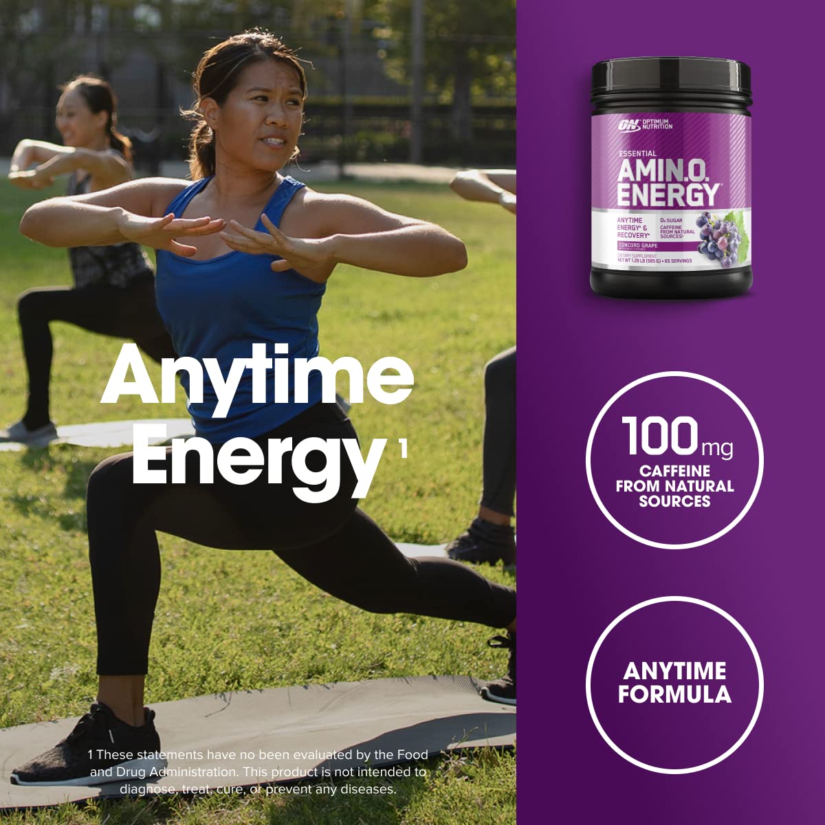 Optimum Nutrition Amino Energy label close-up highlighting caffeine content and ingredients.