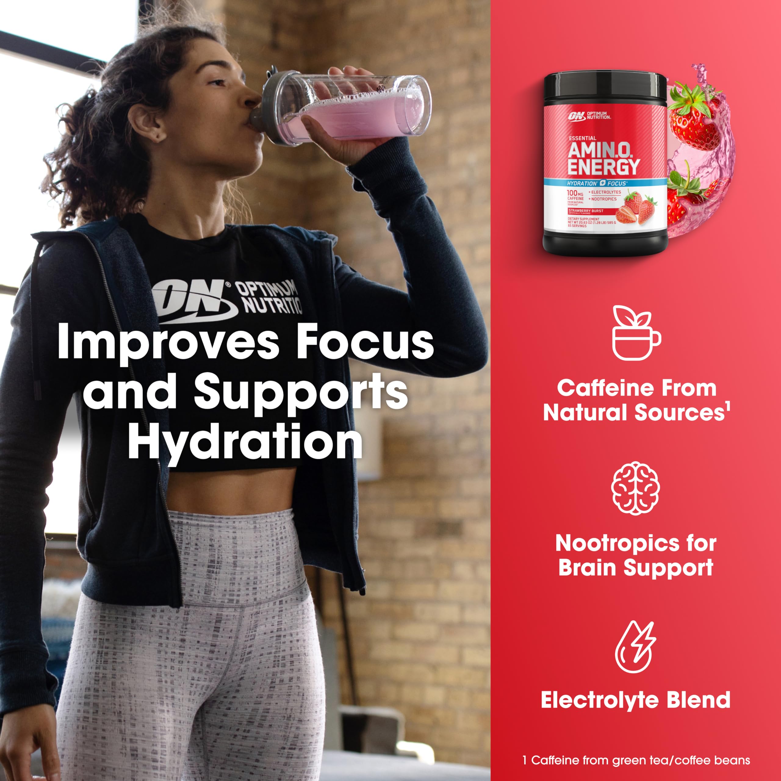 Optimum Nutrition Amino Energy label closeup emphasizes zero sugar and low calories.