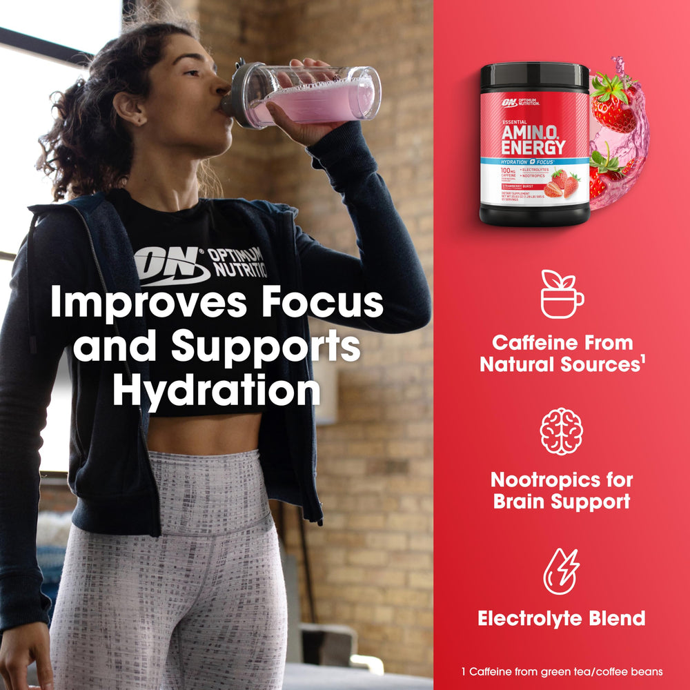 Optimum Nutrition Amino Energy label closeup emphasizes zero sugar and low calories.