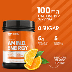 Optimum Nutrition Amino Energy orange cooler bottle side view showing portable energy on the go