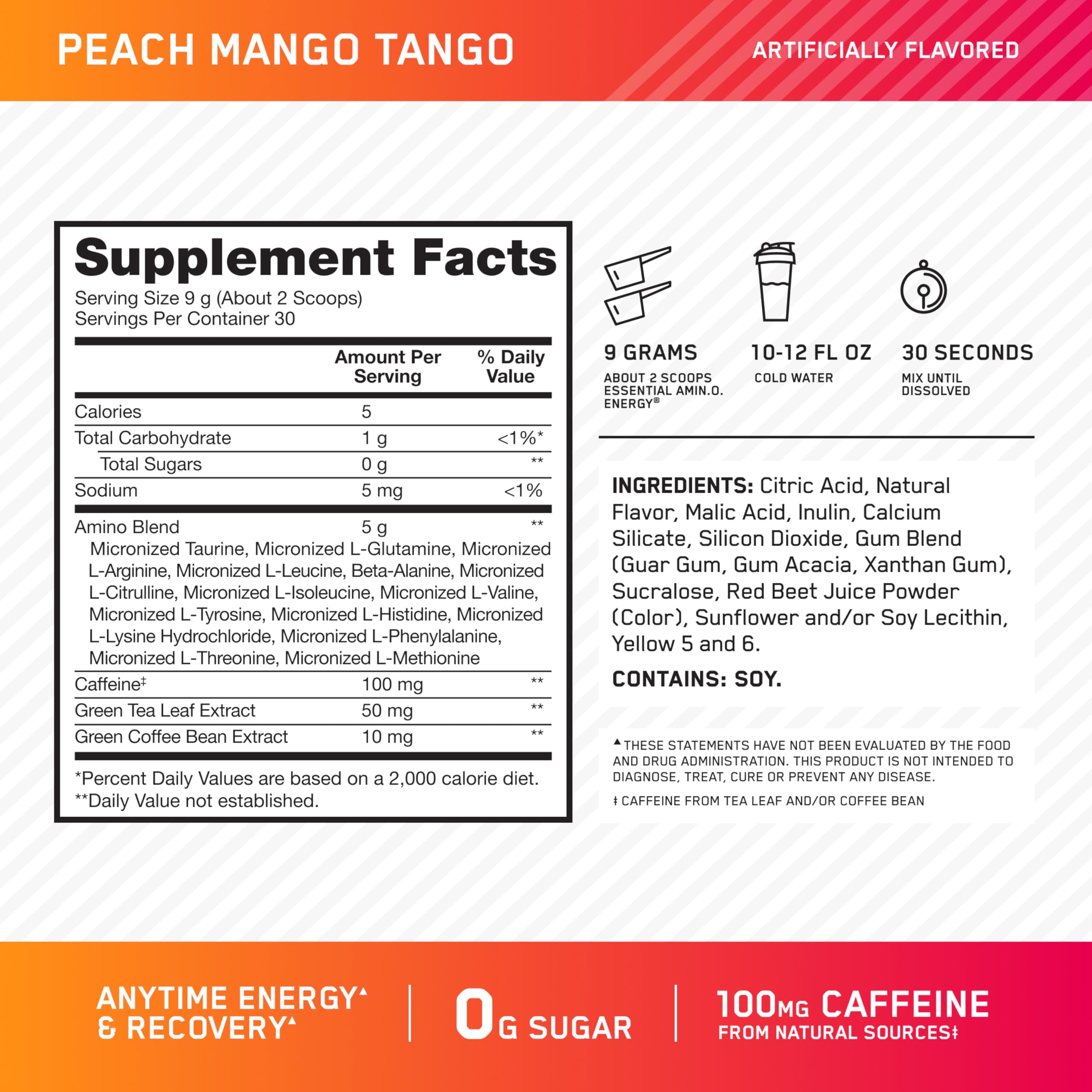Label close-up of Optimum Nutrition Amino Energy Peach Mango Tango flavor details.