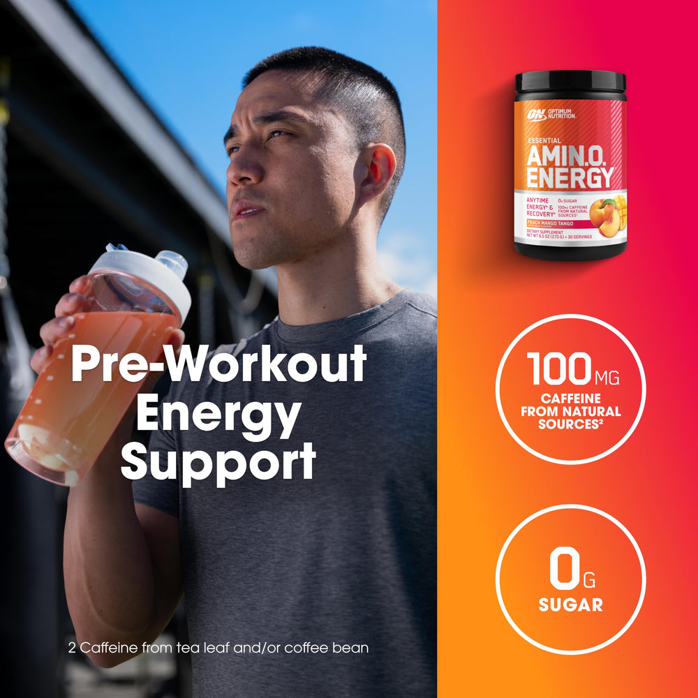 Powder being dispensed from Optimum Nutrition Amino Energy Peach Mango Tango container.
