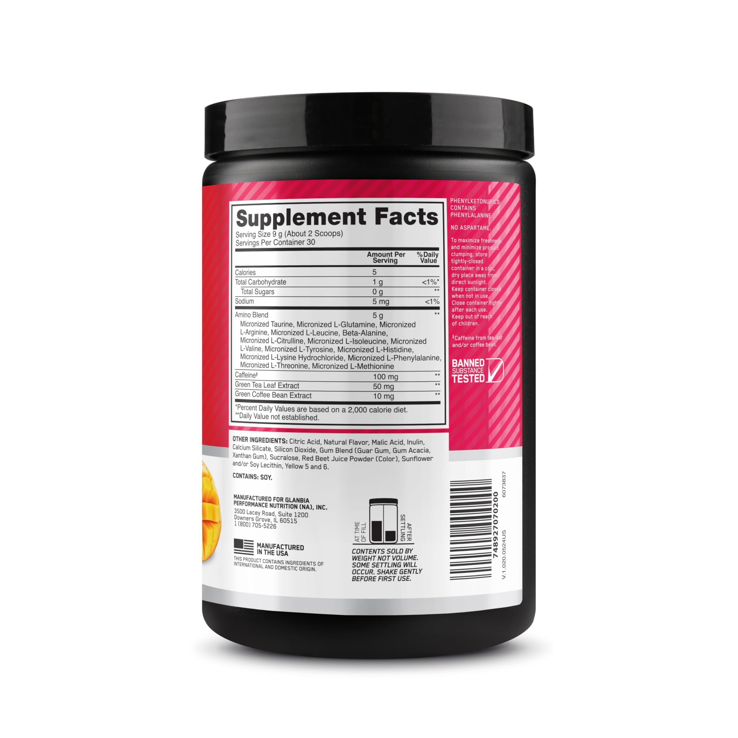 Serving setup with Optimum Nutrition Amino Energy Peach Mango Tango for daily energy support.