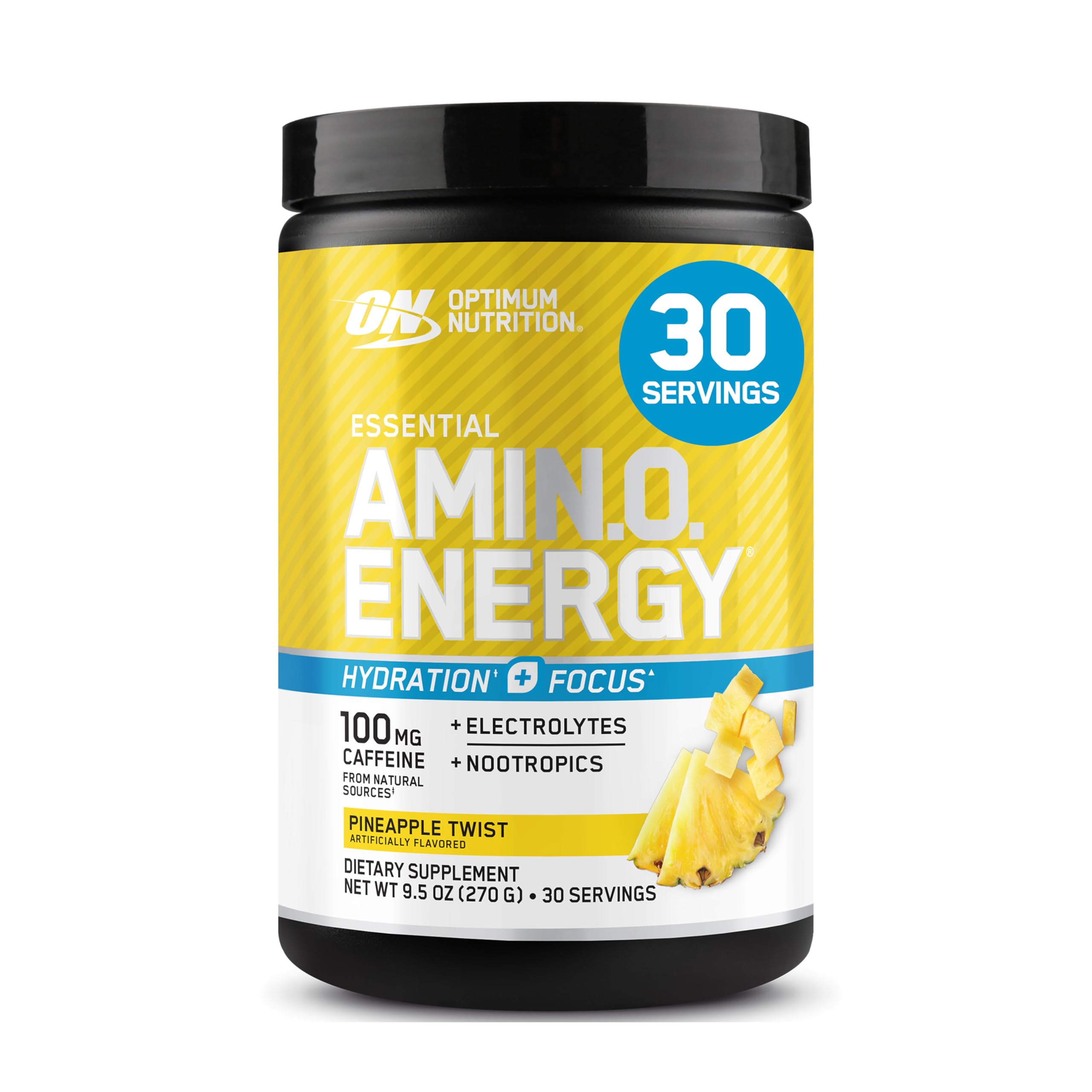 Optimum Nutrition Amino Energy Pineapple Twist bottle showing label with caffeine and electrolytes for workouts