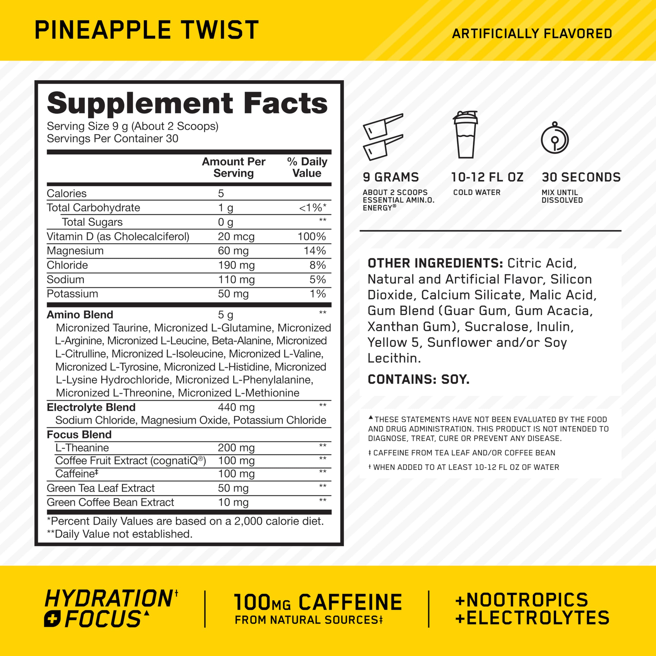 Optimum Nutrition Amino Energy Pineapple Twist powder with scoop ready for pre-workout energy