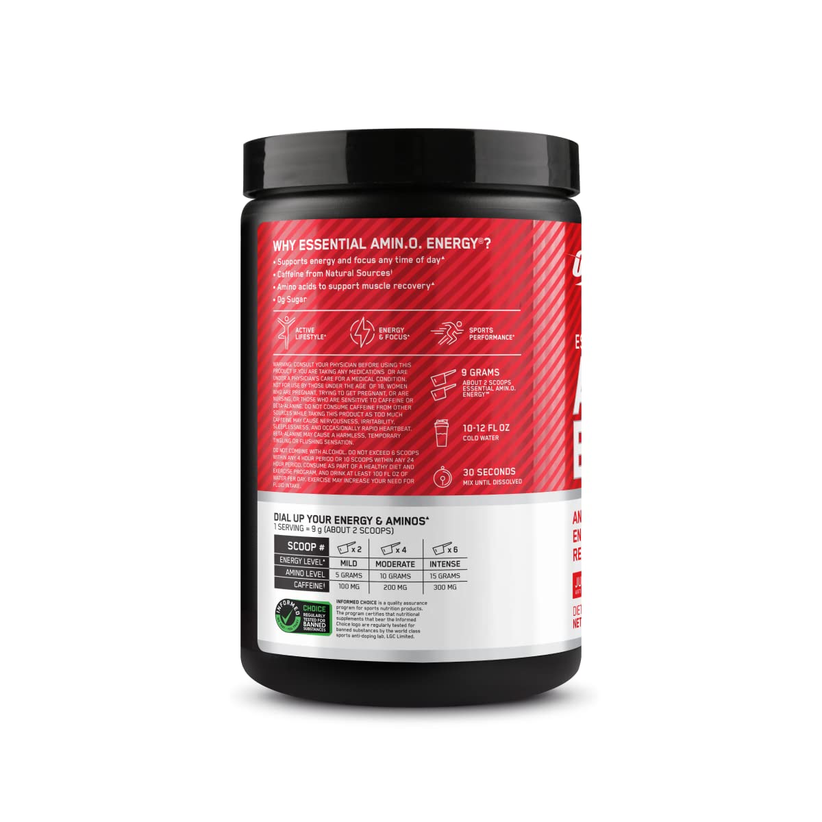 Amino Energy pre-workout on gym counter showing powder mix