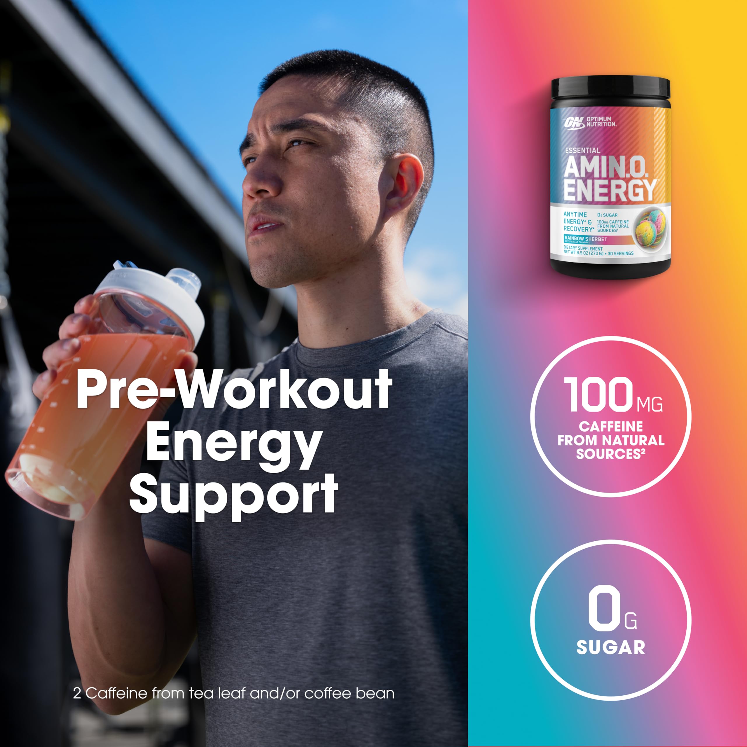 Optimum Nutrition Amino Energy Rainbow Sherbet label highlights amino acids and caffeine.