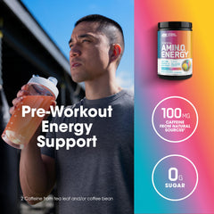 Optimum Nutrition Amino Energy Rainbow Sherbet label highlights amino acids and caffeine.