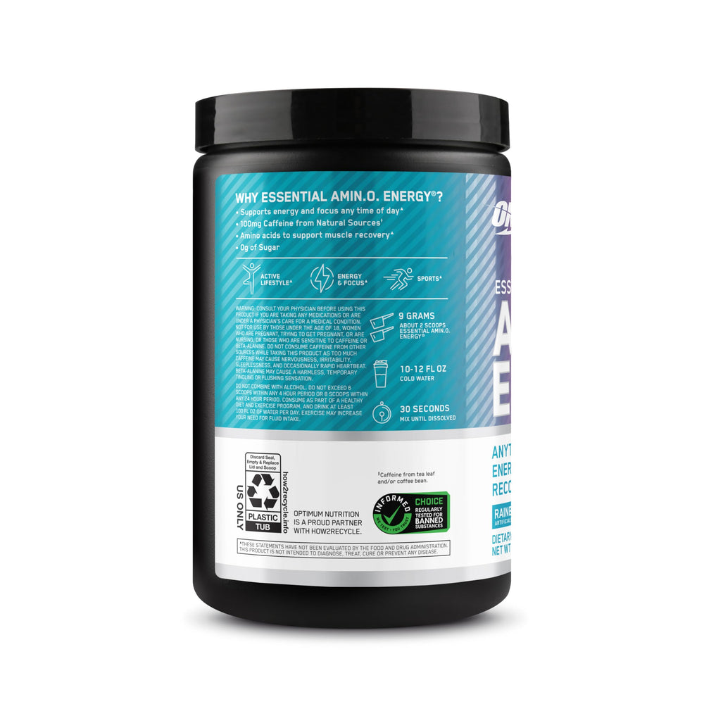 Optimum Nutrition Amino Energy Rainbow Sherbet packaging reflects keto-friendly formula.